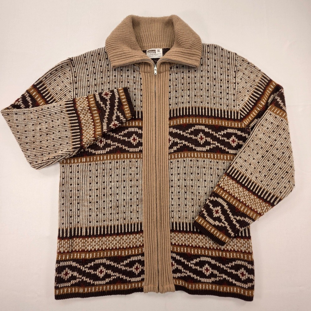 Vintage Montgomery Ward Nordic Full Zip Cardigan Sweater Mens XL Brown Fair Isle